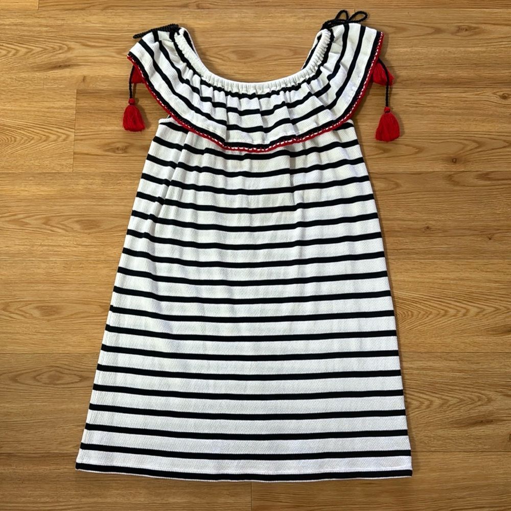 crown & ivy White and Black Striped Off-Shoulder Dress with Red Tassels